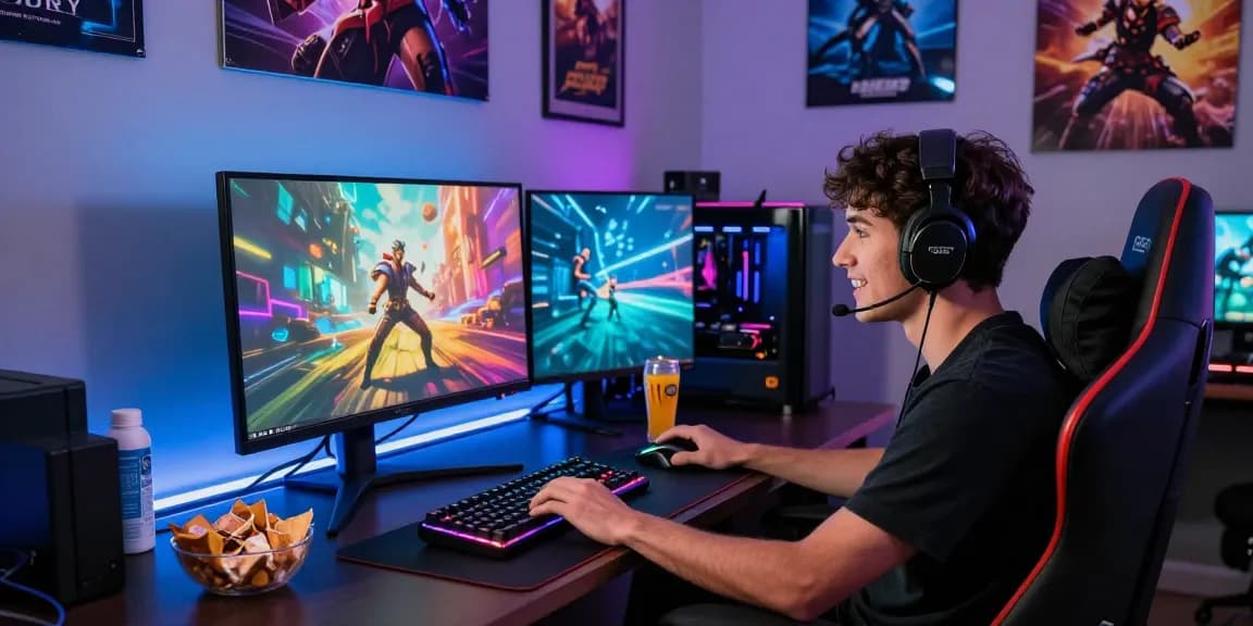 Enthusiastic gamer enjoying an immersive iwin gaming experience at a modern setup