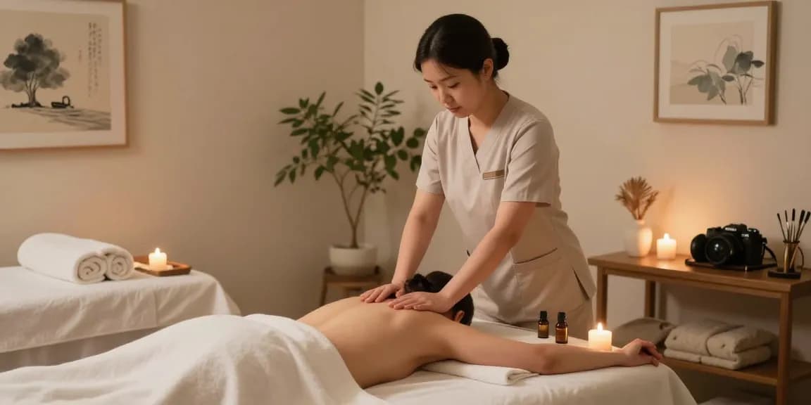 Relaxing 천호동출장마사지 environment with therapist and serene spa setup.