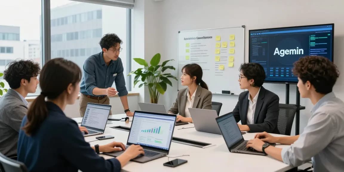 Team strategizing an age verification system in a modern office workspace, showcasing innovation and compliance.