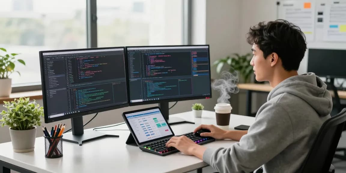 Developer at a modern workspace using telegramin-cn.com for software development, highlighting productivity and creativity.