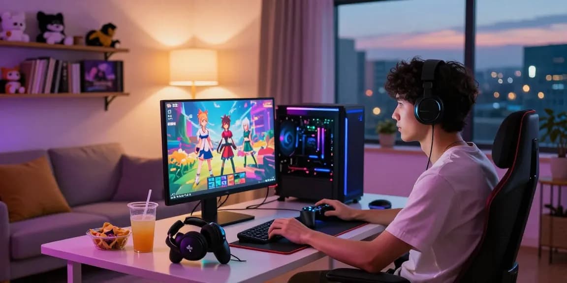 Immersive gaming setup featuring hentai games with vibrant colors and cozy atmosphere