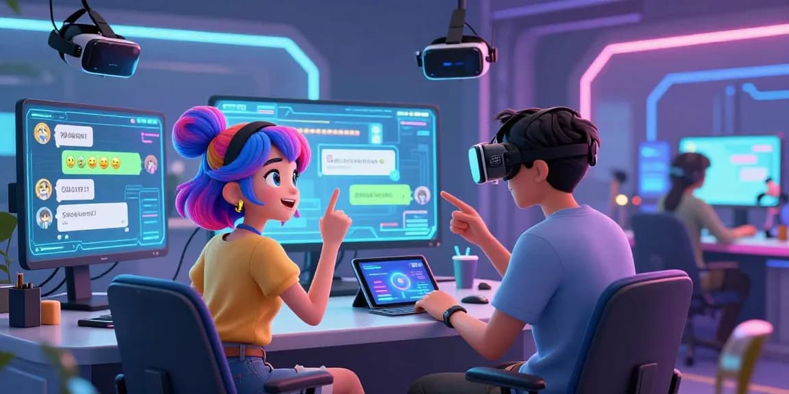 Interactive scene of AI hentai chat with vibrant anime characters in a futuristic chat room environment.