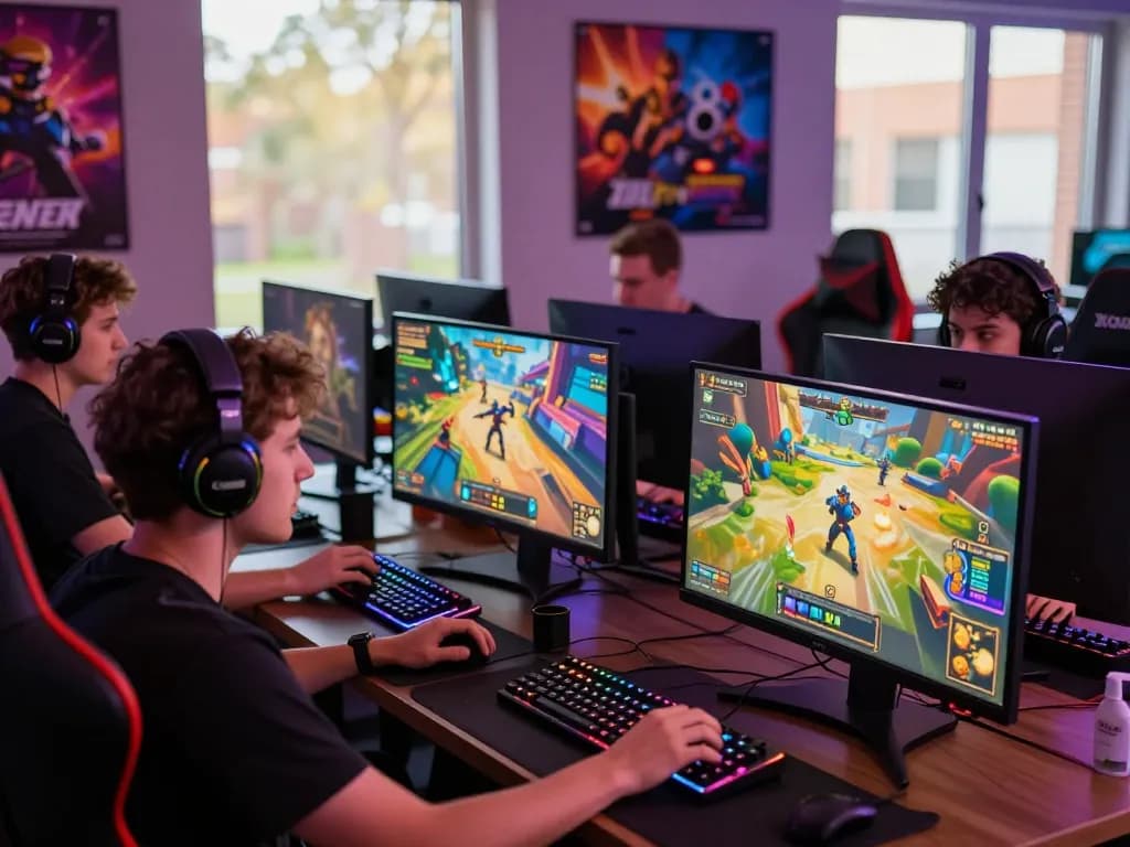 Engaged players enjoying a variety of online porn games in a vibrant gaming room.