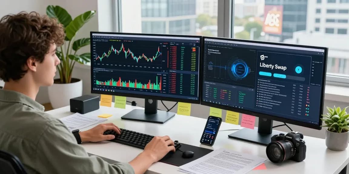 LibertySwap trading environment showcasing a user engaged in dynamic cryptocurrency exchanges with real-time market analysis.