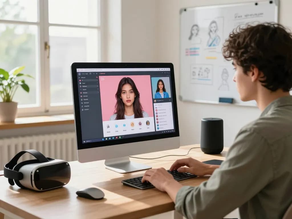 Individual customizing their AI gf in a modern home office, showcasing innovative technology and creative character design.