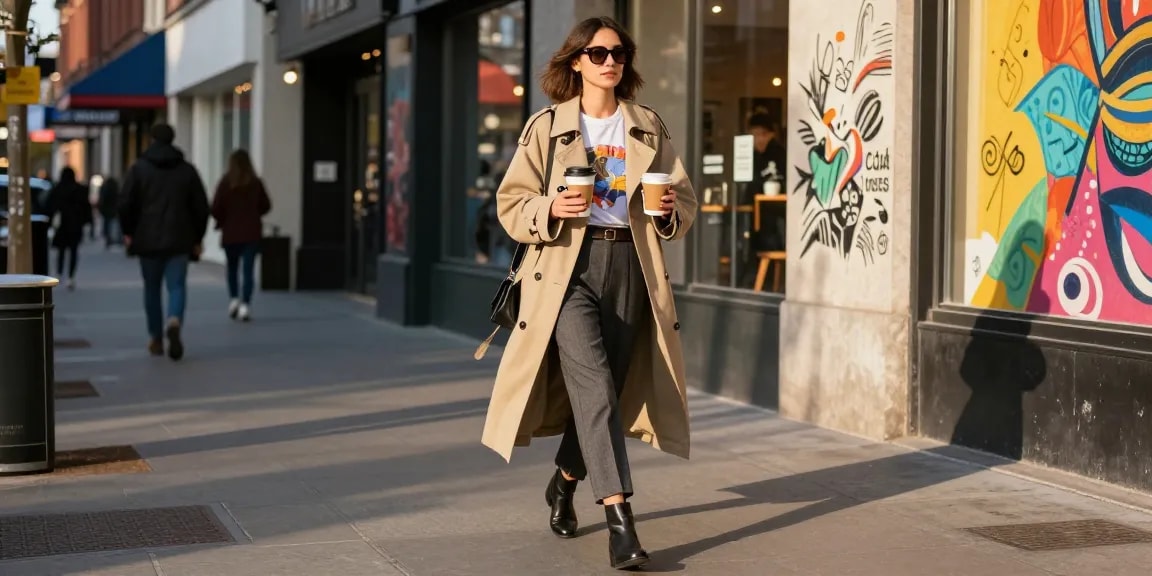 Fashion blog scene featuring a stylish urban woman in a trench coat, confidently strolling with a coffee cup.