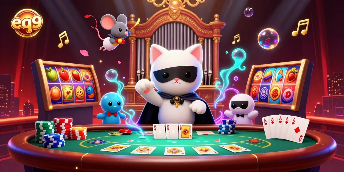Win big at EQ9 with a lively casino scene featuring vibrant slot reels, poker chips, and whimsical characters.