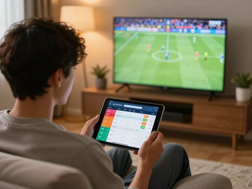 Engaged player using 7m-7m sports betting app, analyzing live football match and betting odds.