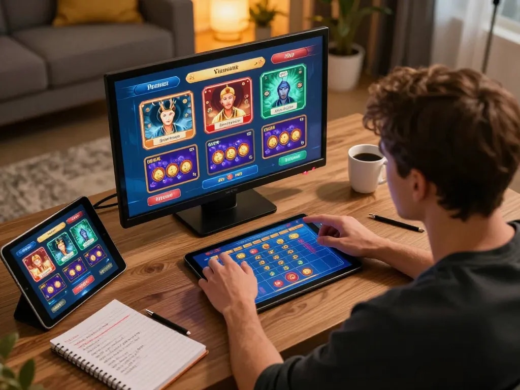Player strategizing for RR88 online gambling session with tablet and notes.