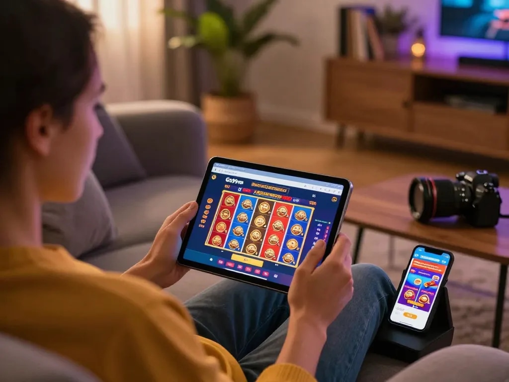 Engaging with Go99 com on tablet at home, showcasing vibrant online gaming atmosphere