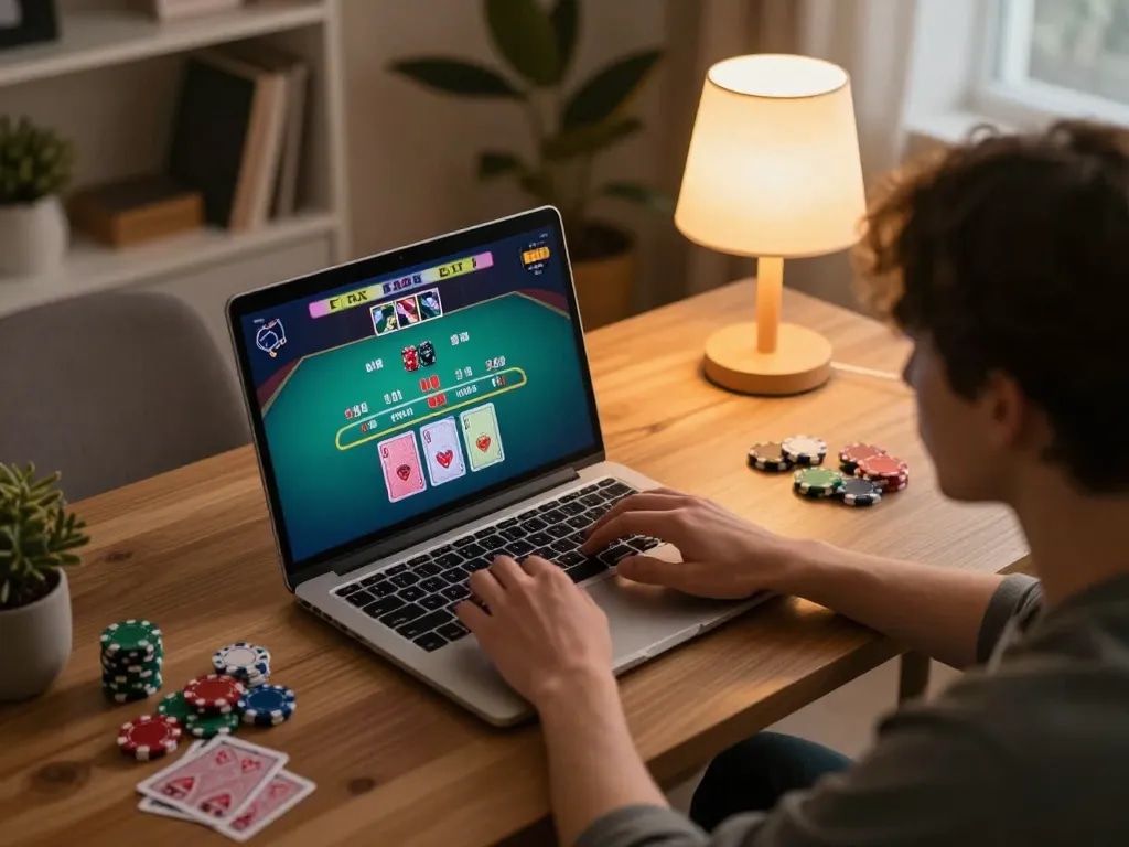 Player engaging with ee88go online blackjack game on laptop in cozy home setting