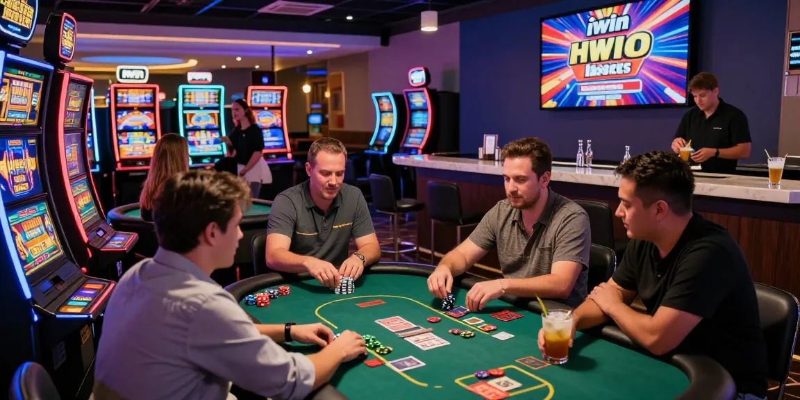 Thrilling casino scene at iwin with players at poker and slot machines, vibrant atmosphere.