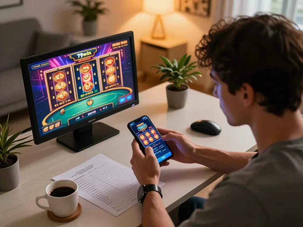 Player engaging in the 79win casino app on a smartphone, showcasing online gambling excitement in home setting.
