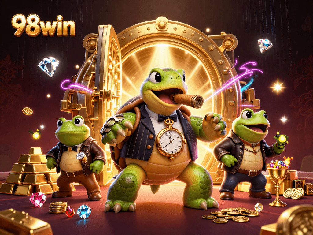 Engage in exciting gaming at 98win with a dynamic 3D casino scene featuring a turtle mobster.