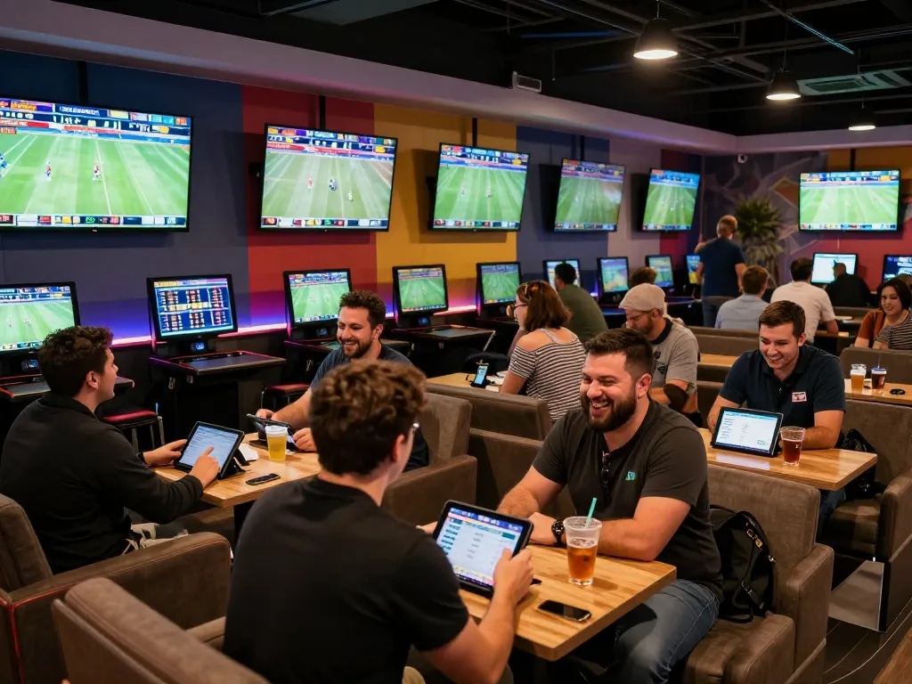 Engaged bettors analyzing odds at nhà cái okfun sports betting lounge, showcasing excitement.