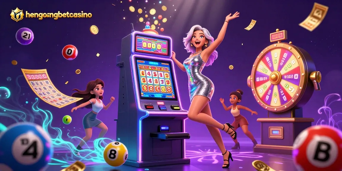 Win big with hengongbetcasino while celebrating a jackpot amidst vibrant casino elements
