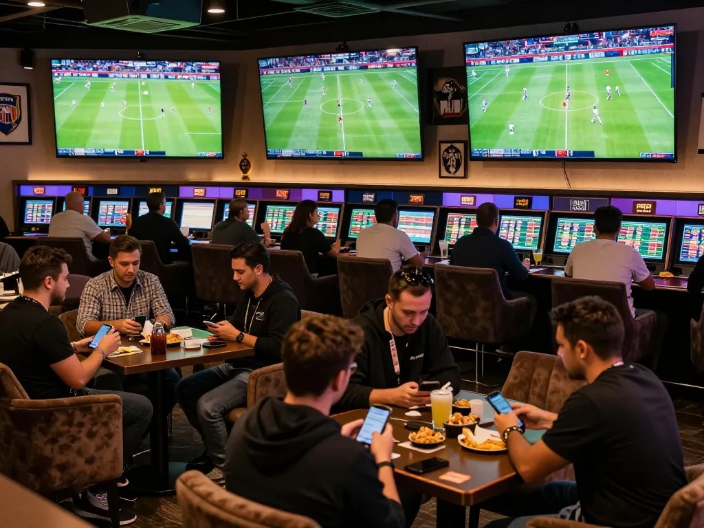 Fans engaging with keo nha cai 5 odds in an upscale sports lounge during a live match.