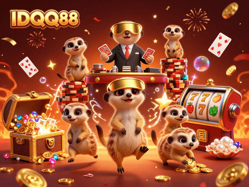 Watch IDQQ88 meerkats manage a colorful casino with slots and lively energy.