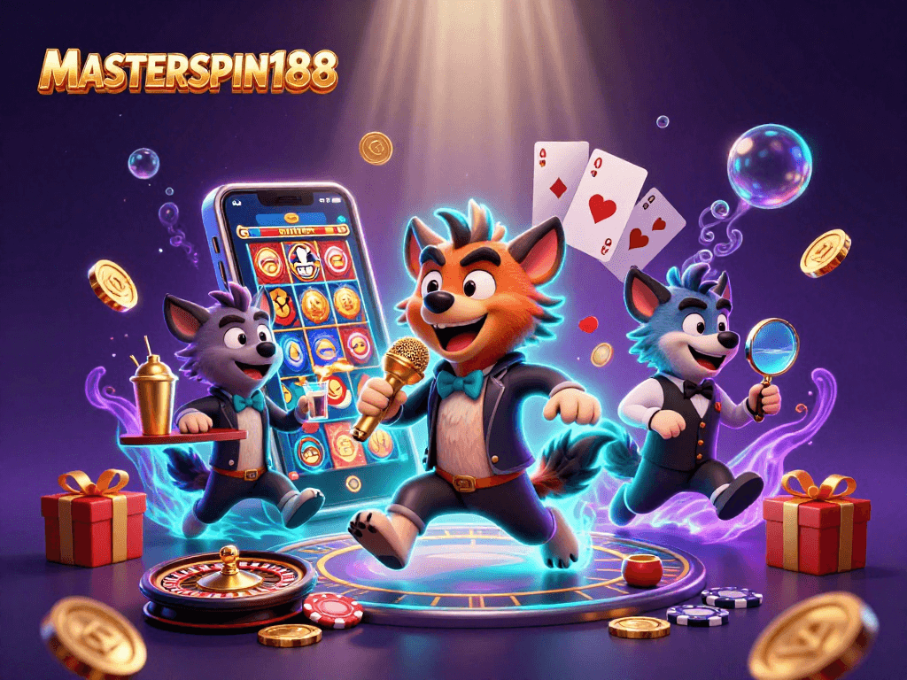 Engage with MASTERSPIN188's vibrant casino scene featuring hyenas in animated roles.
