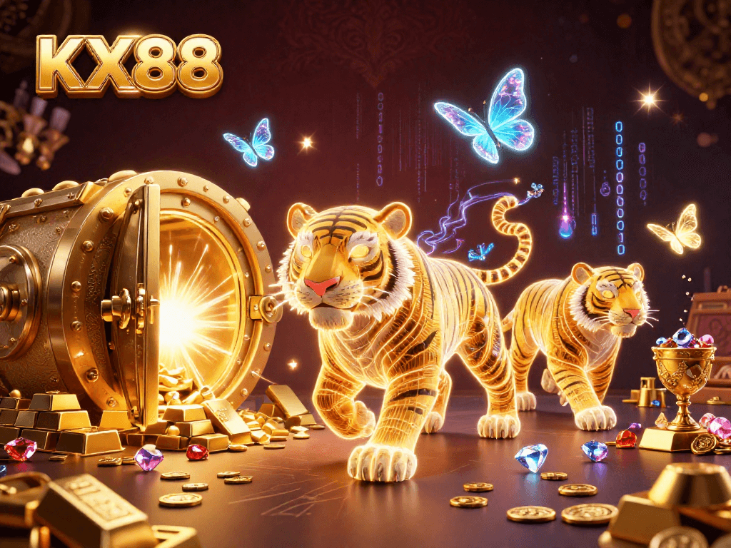 KX88 showcases a mesmerizing 3D casino scene with a golden tiger and dazzling jewels, captivating players.