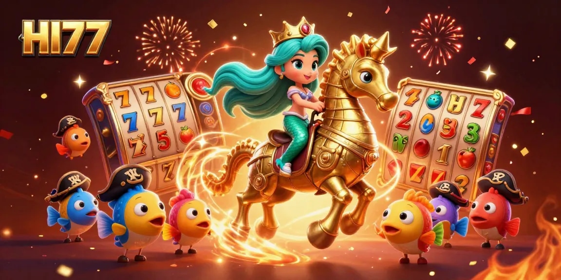 Experience thrilling gaming adventures at HI77 with vibrant slot reels and a mesmerizing underwater scene.