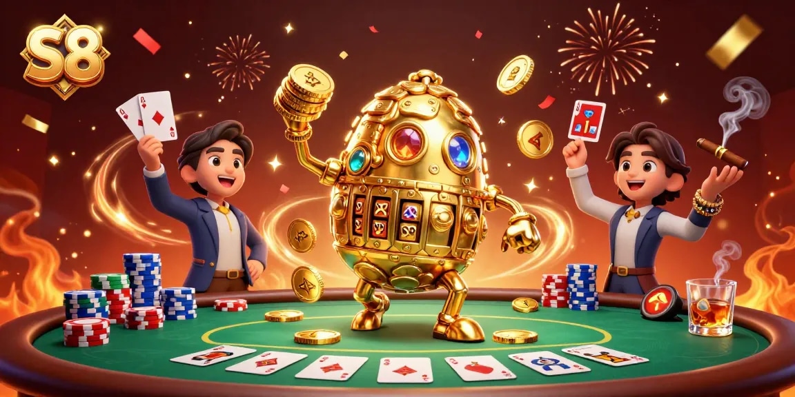 Experience thrilling gameplay at S8 casino with a dynamic illustration of gold coin golems and poker action.