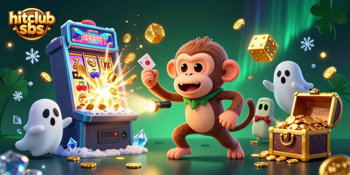 Catching the magic at hitclub sbs with a ghostly monkey juggling golden gaming treasures amidst a vibrant casino scene.