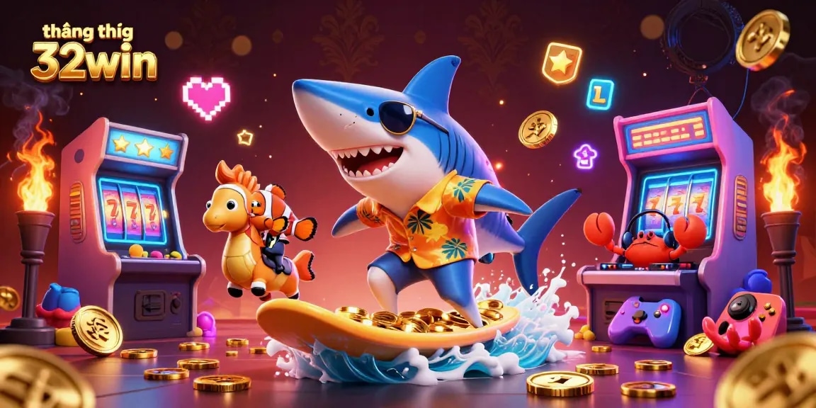 Enjoy thrilling moments with thương hiệu 32win as characters celebrate gaming victories amidst vibrant casino elements.