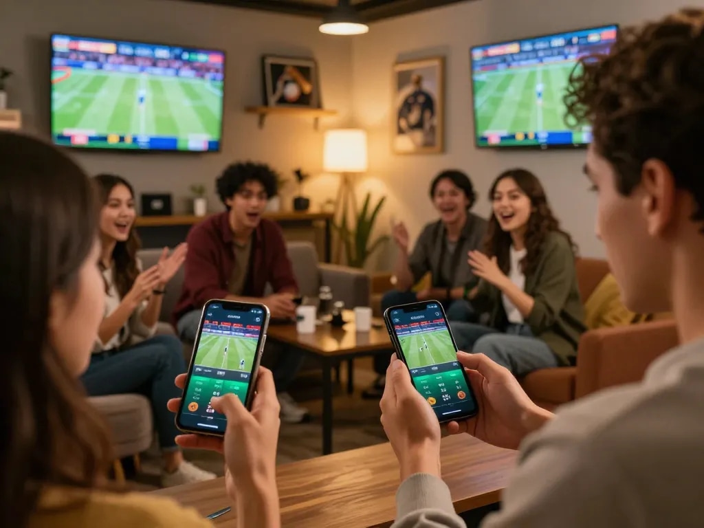 Engaged bettors using the keonhacai app to place strategic sports bets in a lively lounge.
