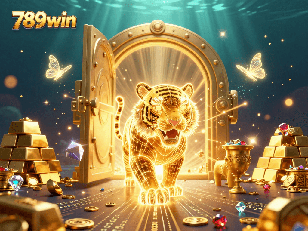 Engage with the thrilling adventure of 789win at the digital casino with neon elements and treasures.