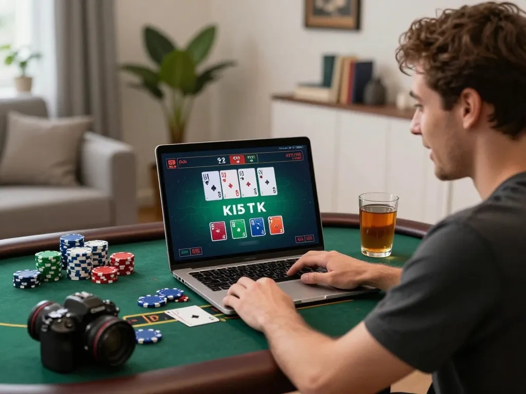 Player engaging with live blackjack on rr88, showing a strategic moment with laptop and personal workspace.