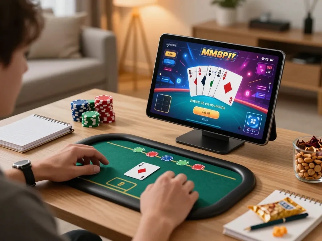 MM88 player using tablet for poker gameplay in a cozy home environment.