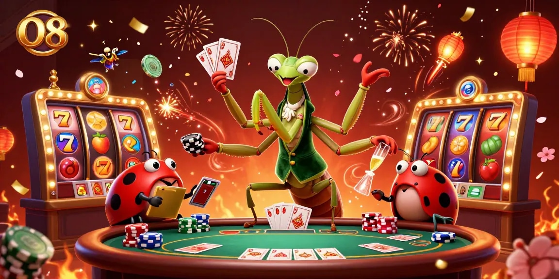 Experience thrilling gameplay at O8 with a giant praying mantis card sharp and vibrant slot reels.