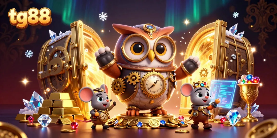 Win big with TG88's vibrant casino adventure, featuring steampunk characters and a treasure vault.