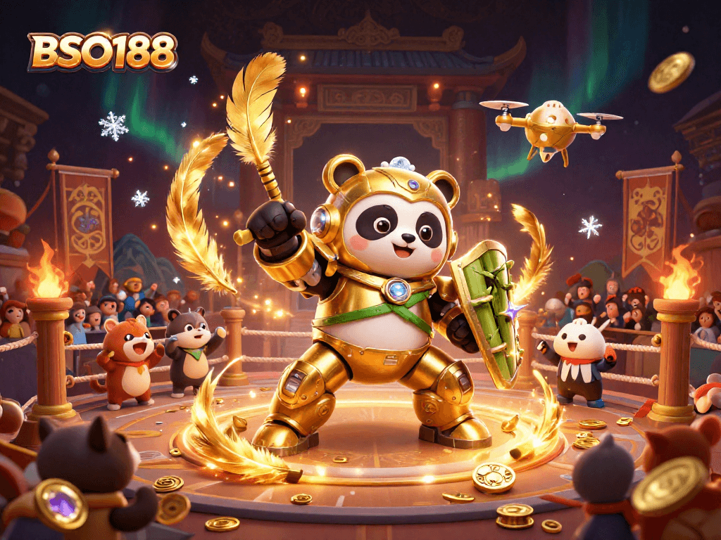 BSO188 showcases an energetic cartoon mech-suit panda in a vibrant casino arena filled with excitement.
