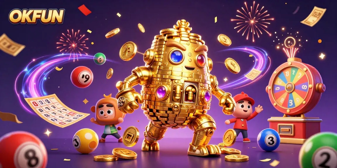 Experience the excitement of OKFUN with vibrant casino games and a golden golem celebrating winnings.