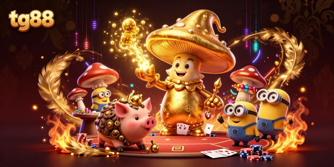 Experience tg88's vibrant casino atmosphere with a golden mushroom wizard and treasures galore!