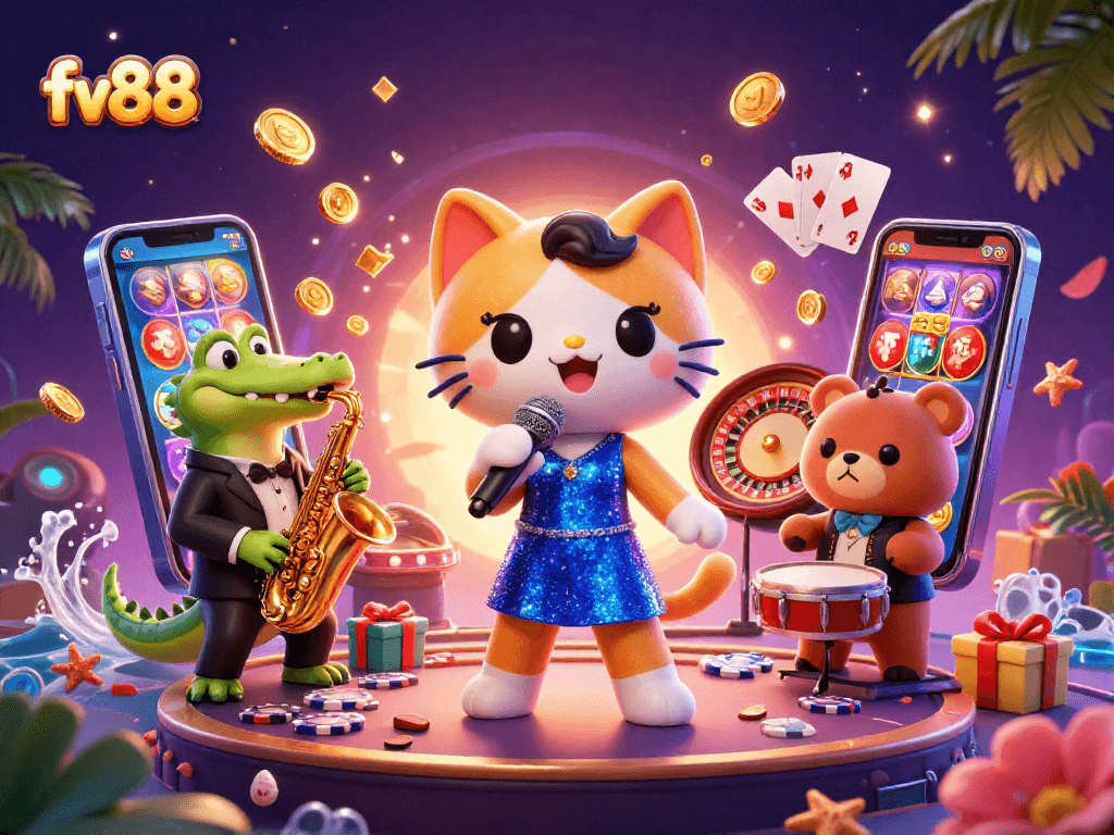 Engage with fv88 as a vibrant cat vocalist and friends entertain at a lively casino.
