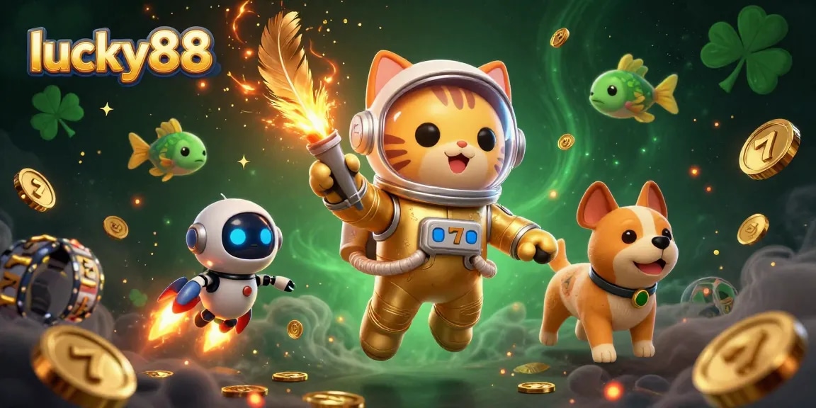 Engage with the luck of the lucky88 slot game featuring a vibrant 3D scene of an astronaut cat and robot companion.