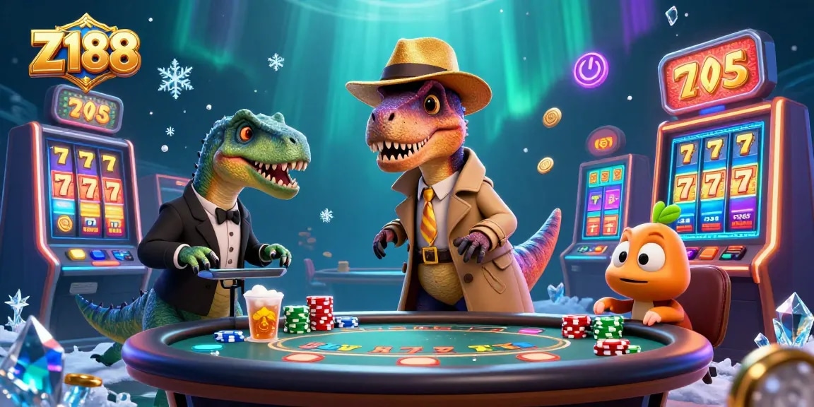 Z188 fuels excitement at a vibrant casino with a velociraptor card counter and colorful slot machines