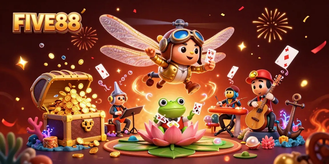 Experience the thrill of FIVE88 with vibrant casino motifs and dynamic characters in a stunning 3D illustration.