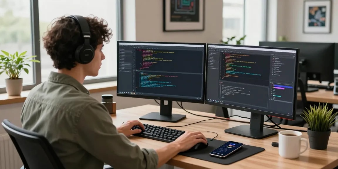 Developer coding on dual monitors at telegraimin.com workspace, showcasing a vibrant tech environment.