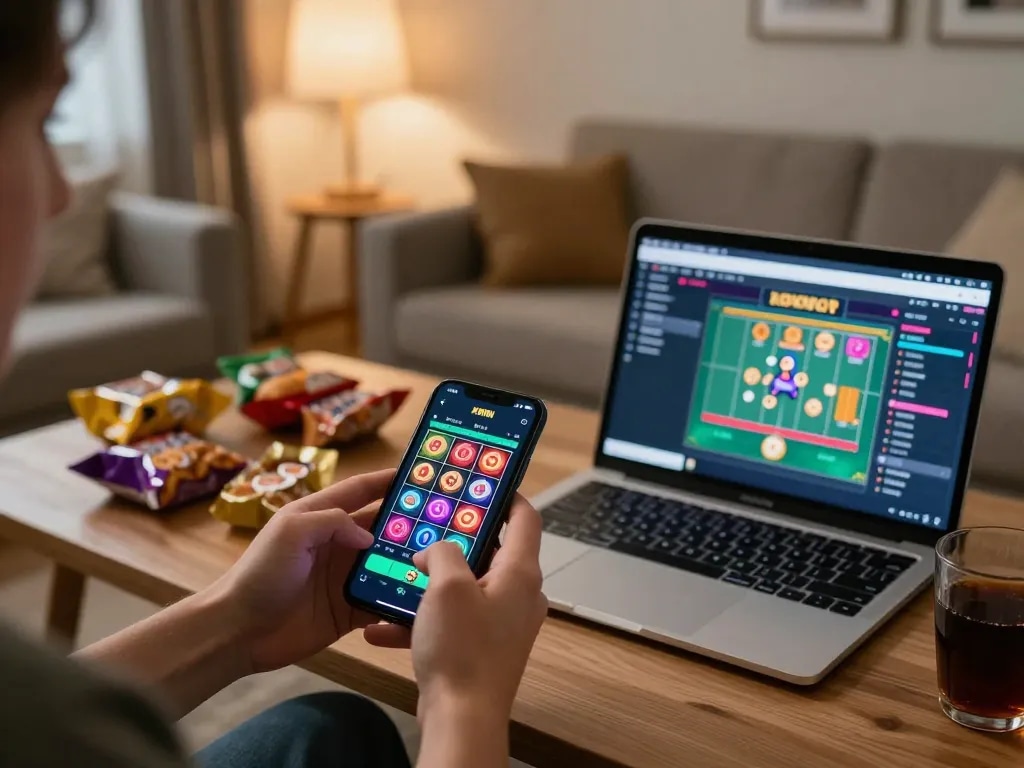 KWIN mobile app gaming, vibrant atmosphere with snacks, enhancing online gambling experience.
