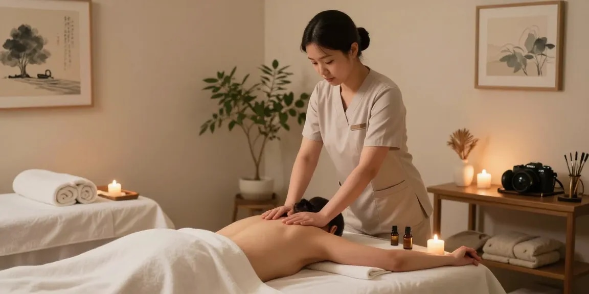Relaxing 천호동출장마사지 environment with therapist and serene spa setup.