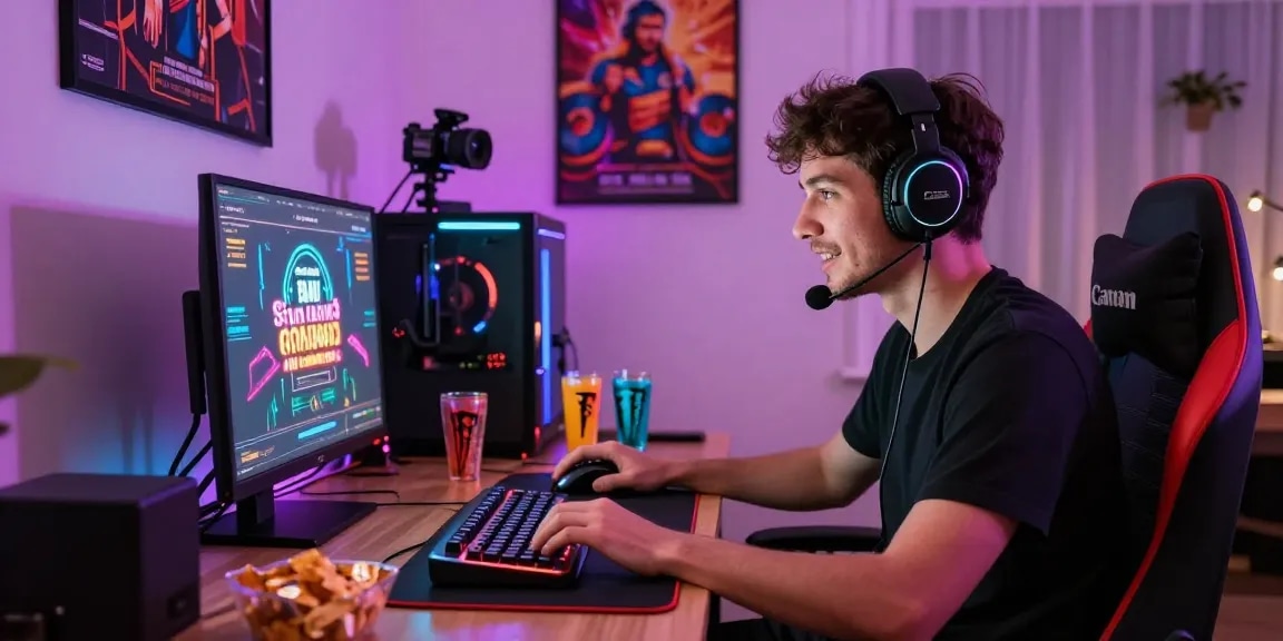 Giocatore entusiasta che si gode l'esperienza di gioco sui siti non AAMS in un ambiente accogliente con luci LED colorate, periferiche da gaming e snack.
