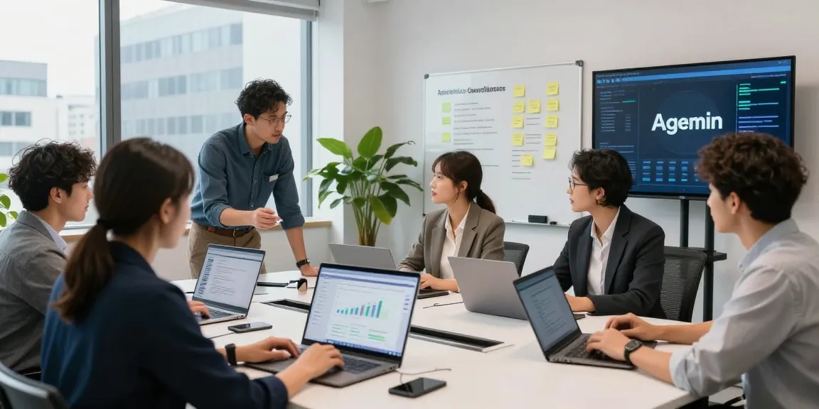 Team strategizing an age verification system in a modern office workspace, showcasing innovation and compliance.