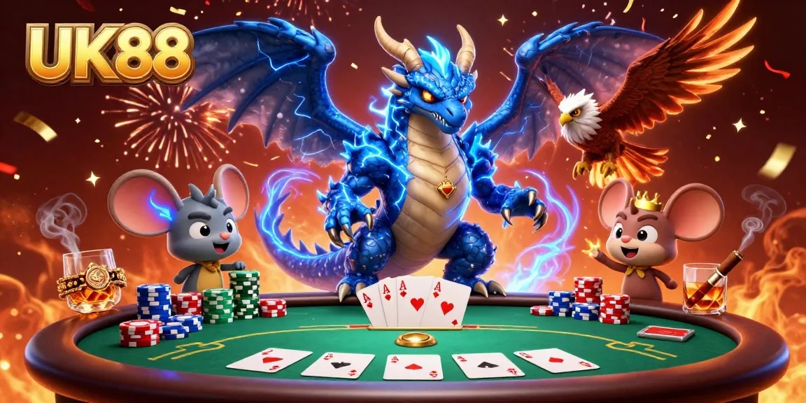 Engage with UK88, featuring a thunder dragon, wind hawk, and poker action in an electrifying casino scene.