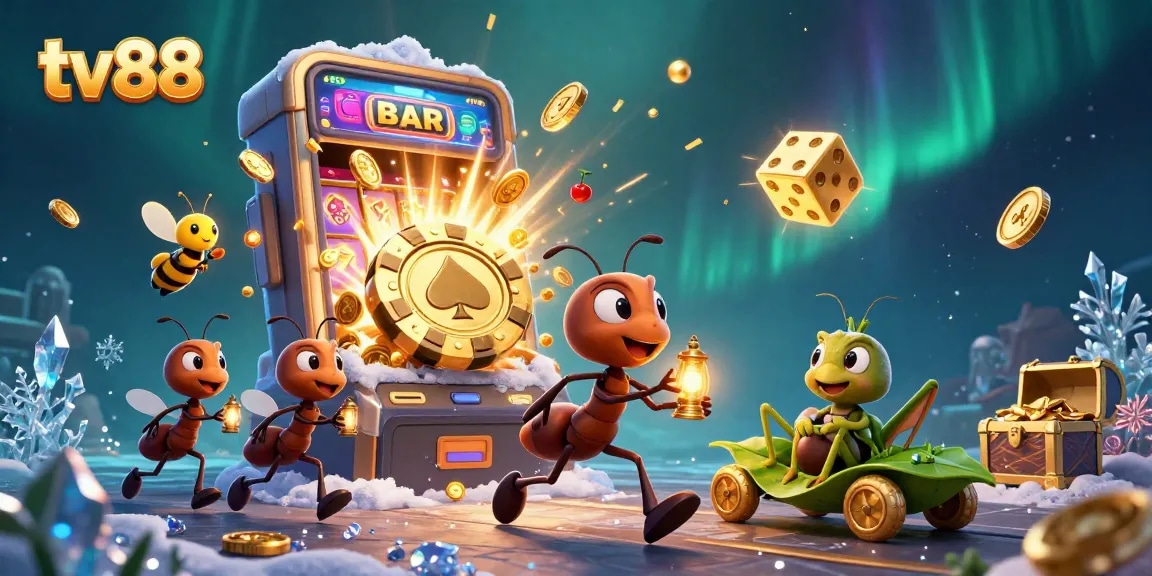 Engage in the excitement of tv88 with this casino heist scene featuring ants, a firefly, and dynamic gaming elements.