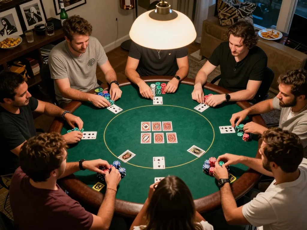 Players engaging in a home poker game, showcasing friendly competition and strategy while enjoying the taixiuvn gaming experience.