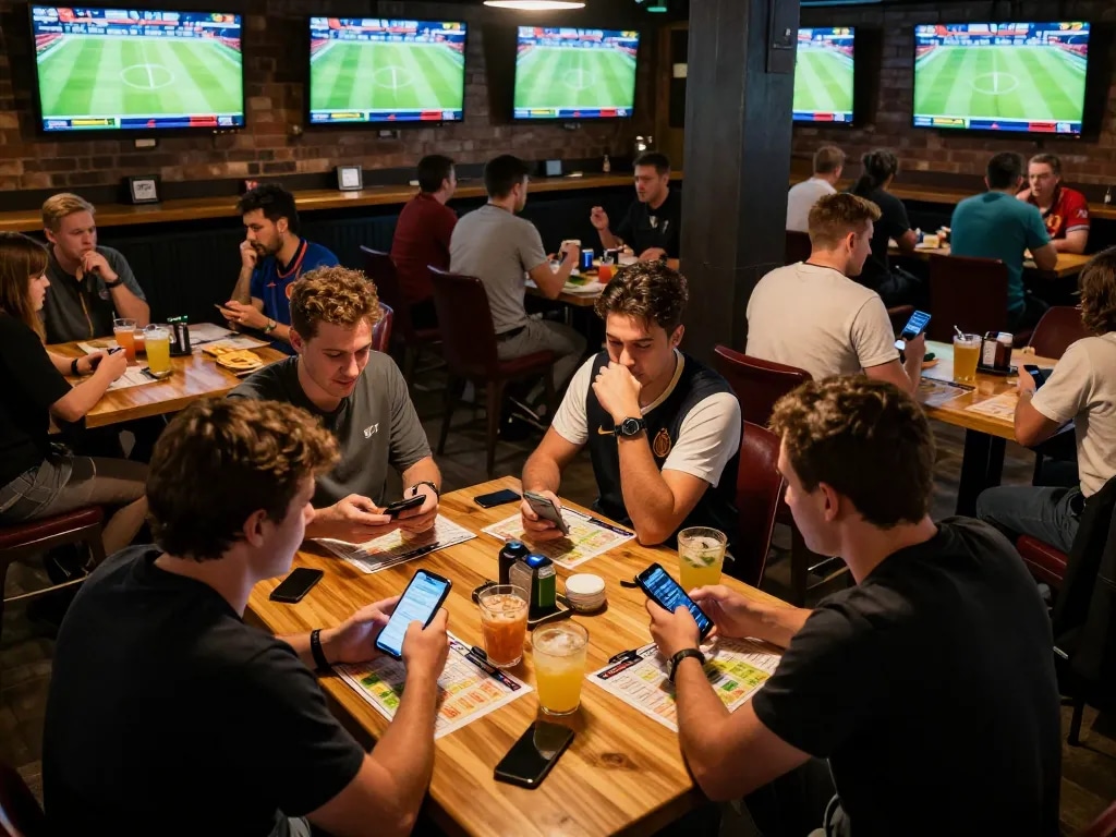 People engaged in sports betting excitement at a lively pub, showcasing uu 88's vibrant atmosphere